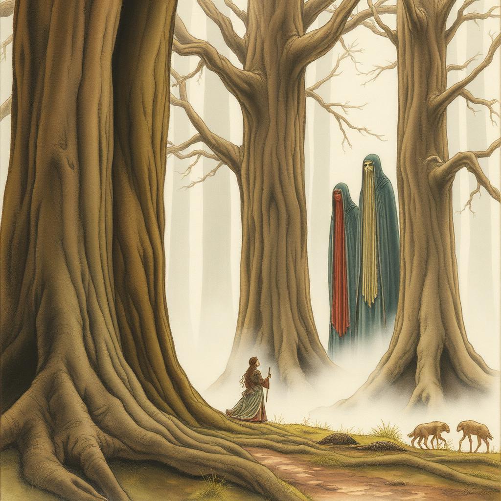 Yavanna entre arbres immensos, demanant els Ents als Valar