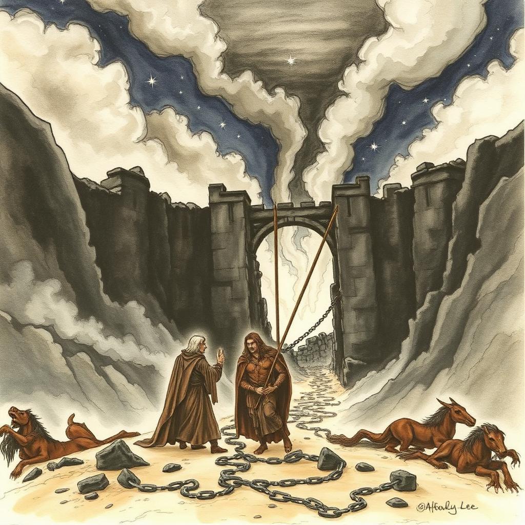 Els Valar encadenen Melkor amb la cadena Angainor davant les portes d'Utumno