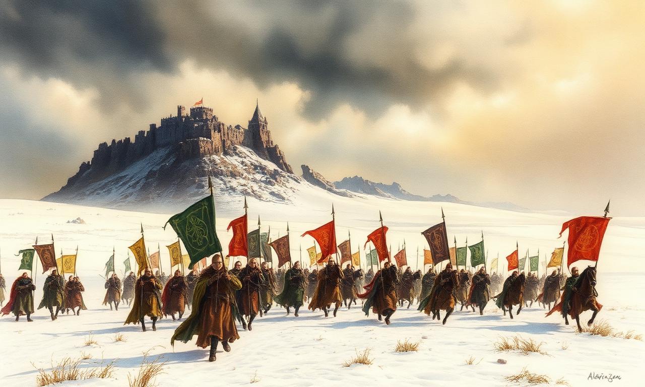 Host dels Valar marxant per planes nevades cap a Utumno amb estendards