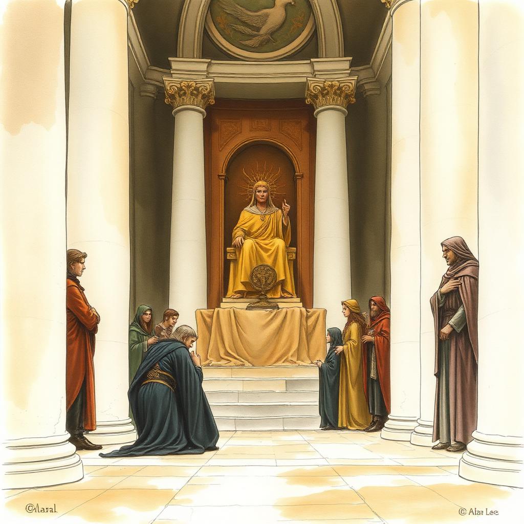 Melkor agenollat davant Manwë jurant penediment al tribunal dels Valar