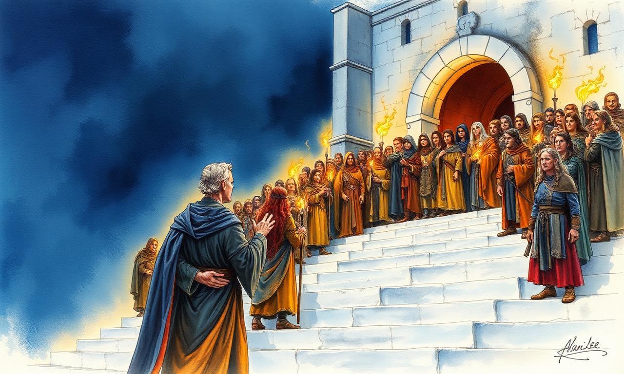 Fëanor arengant els Noldor sota un cel nocturn a les escales de Tirion amb torxes