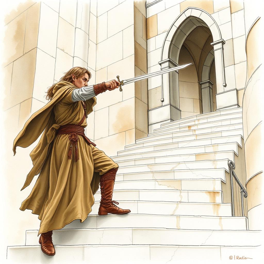 Fëanor desembeinant l'espasa davant Fingolfin a Tirion