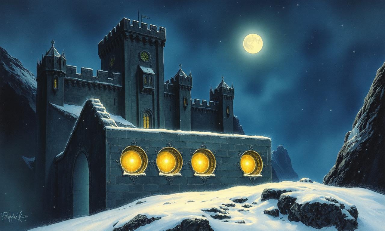 Fortalesa de Formenos en una nit nevada amb les Silmarils guardades dins un cofre de ferro