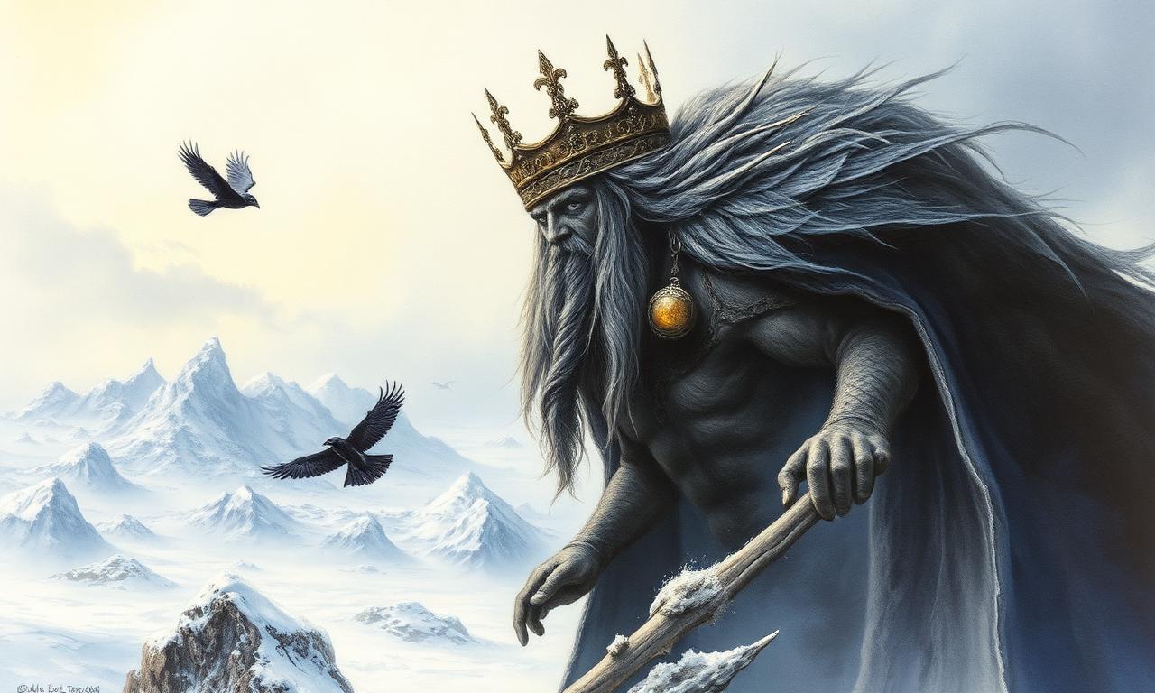 Morgoth fuig cap al nord portant la corona de ferro amb les tres Silmarils, sobre paisatges glaçats