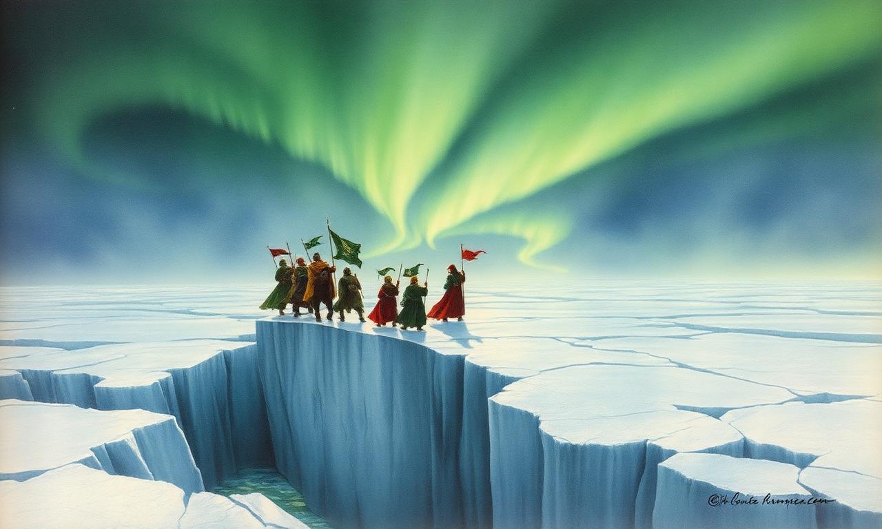 Host de Fingolfin travessant el gel del Helcaraxë sota auroras verdes