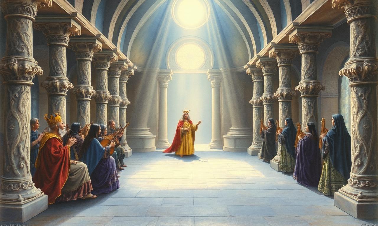 Finrod entra coronat al seu hall de Nargothrond entre arpistes i columnes esculpides com arbres