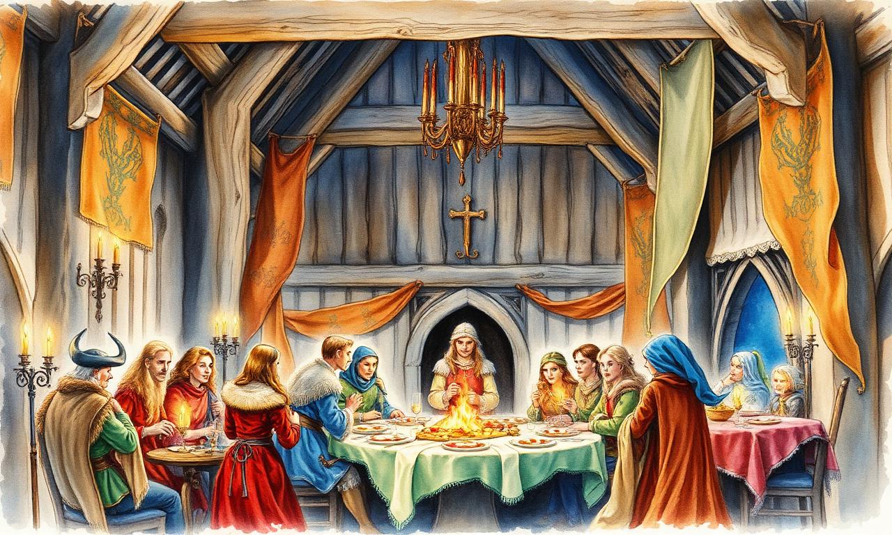 Festa de Edain i Elfs en un hall de fusta amb estendards i candelabres
