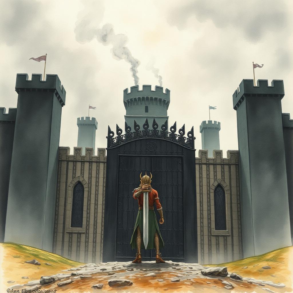 Fingolfin desafia Morgoth davant les portes d'Angband, espasa alçada sota cel tempestuós