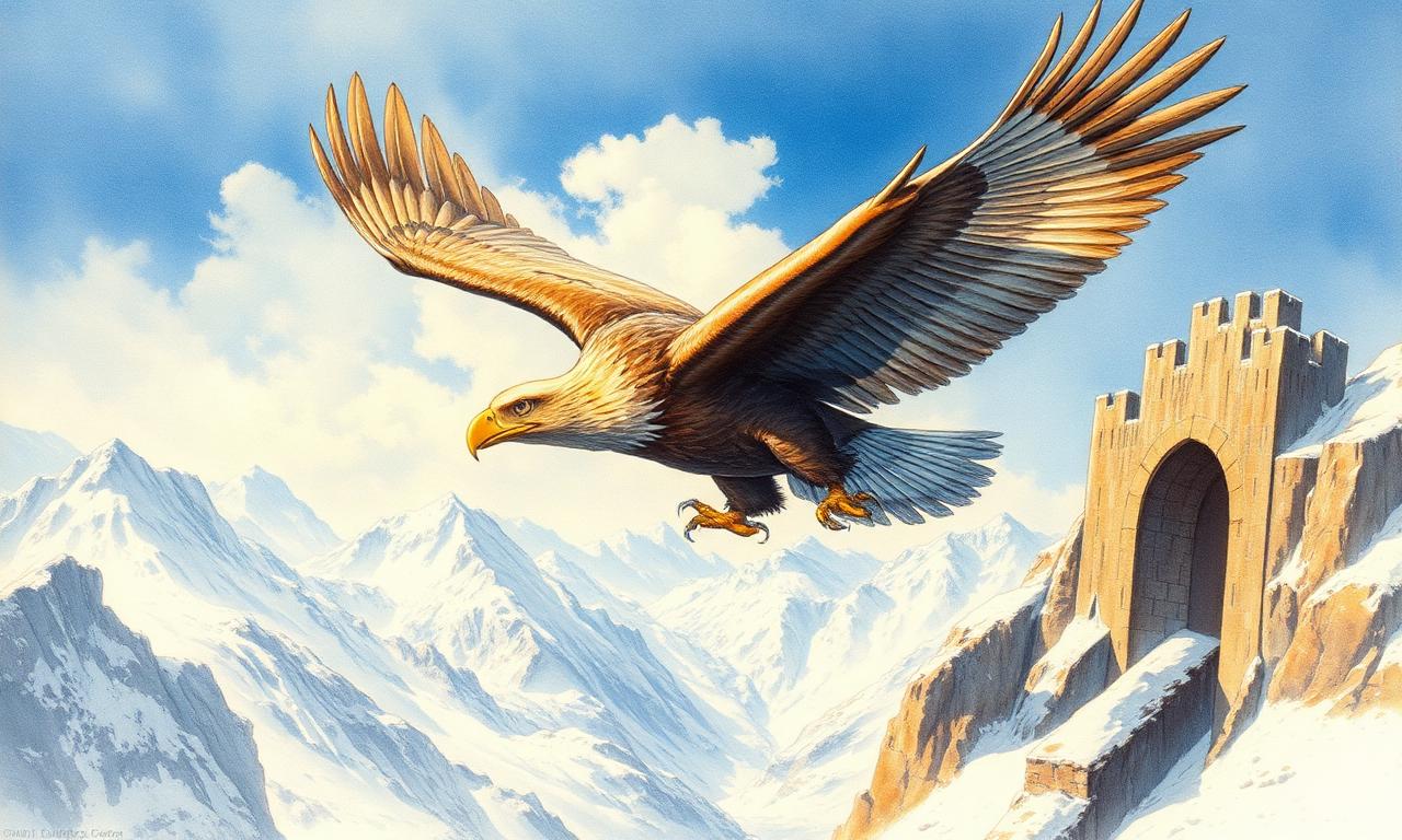 Thorondor el gran rei dels àguiles porta el cos de Fingolfin sobre les muntanyes nevades