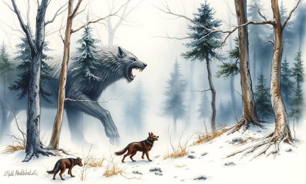 El gran llop Carcharoth devastant els boscos de Doriath, perseguit per Huan el gos sagrat