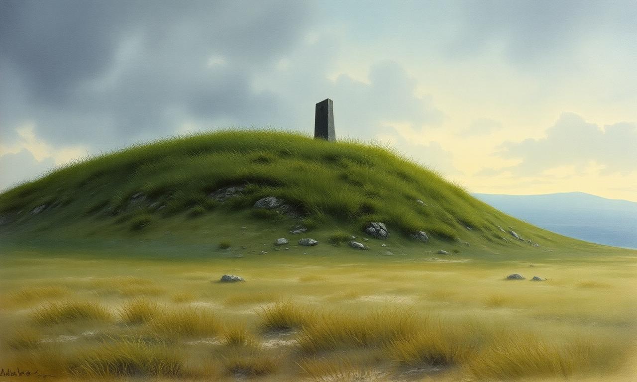 El turó solitari d'Haudh-en-Nirnaeth cobert d'herba al capvespre