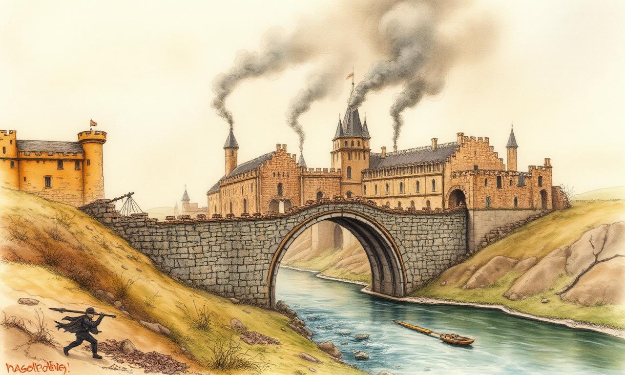 Ruïnes de Nargothrond després de la destrucció: pont trencat sobre el Narog i fums