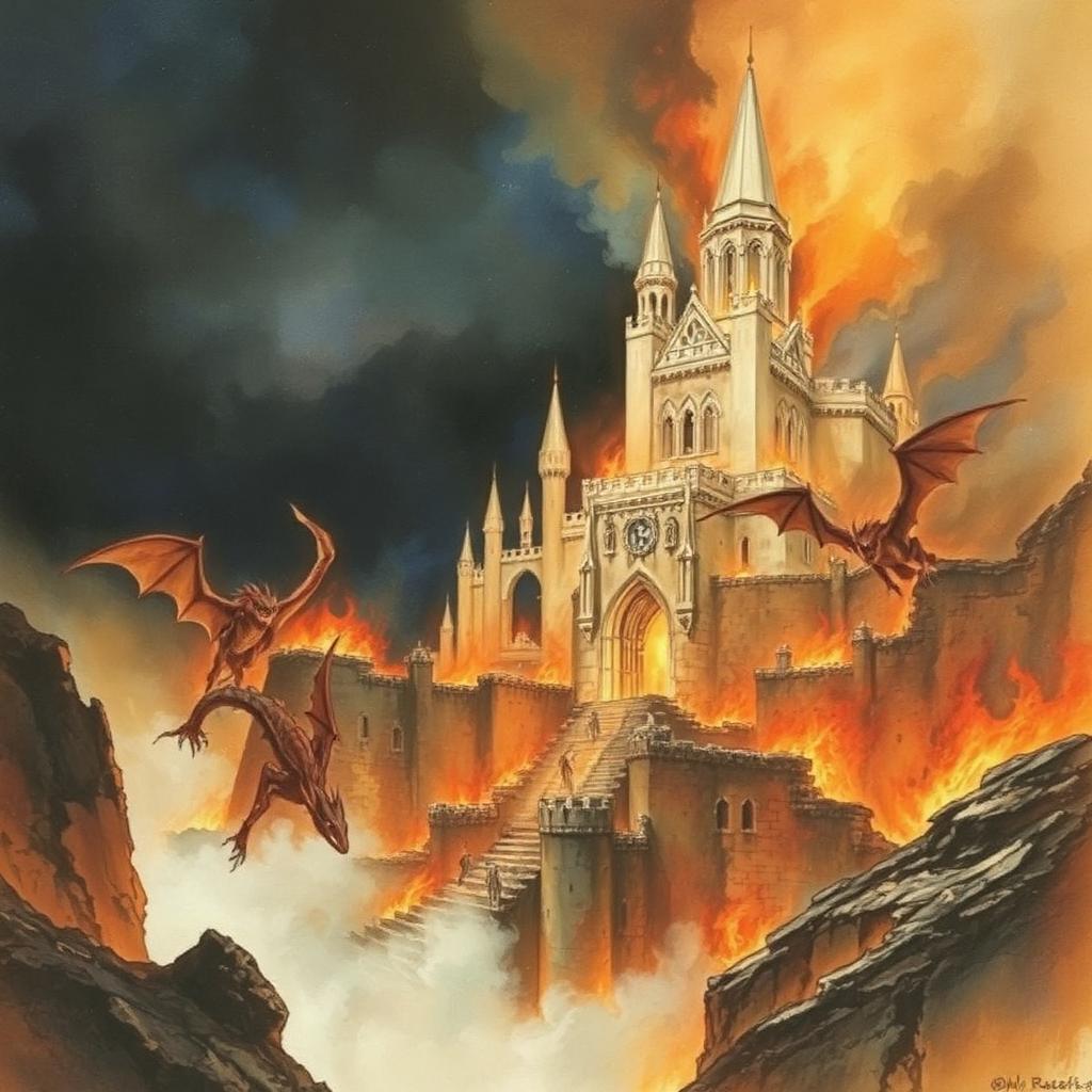 Gondolin en flames mentre dracs i balrogs travessen les muralles trencades