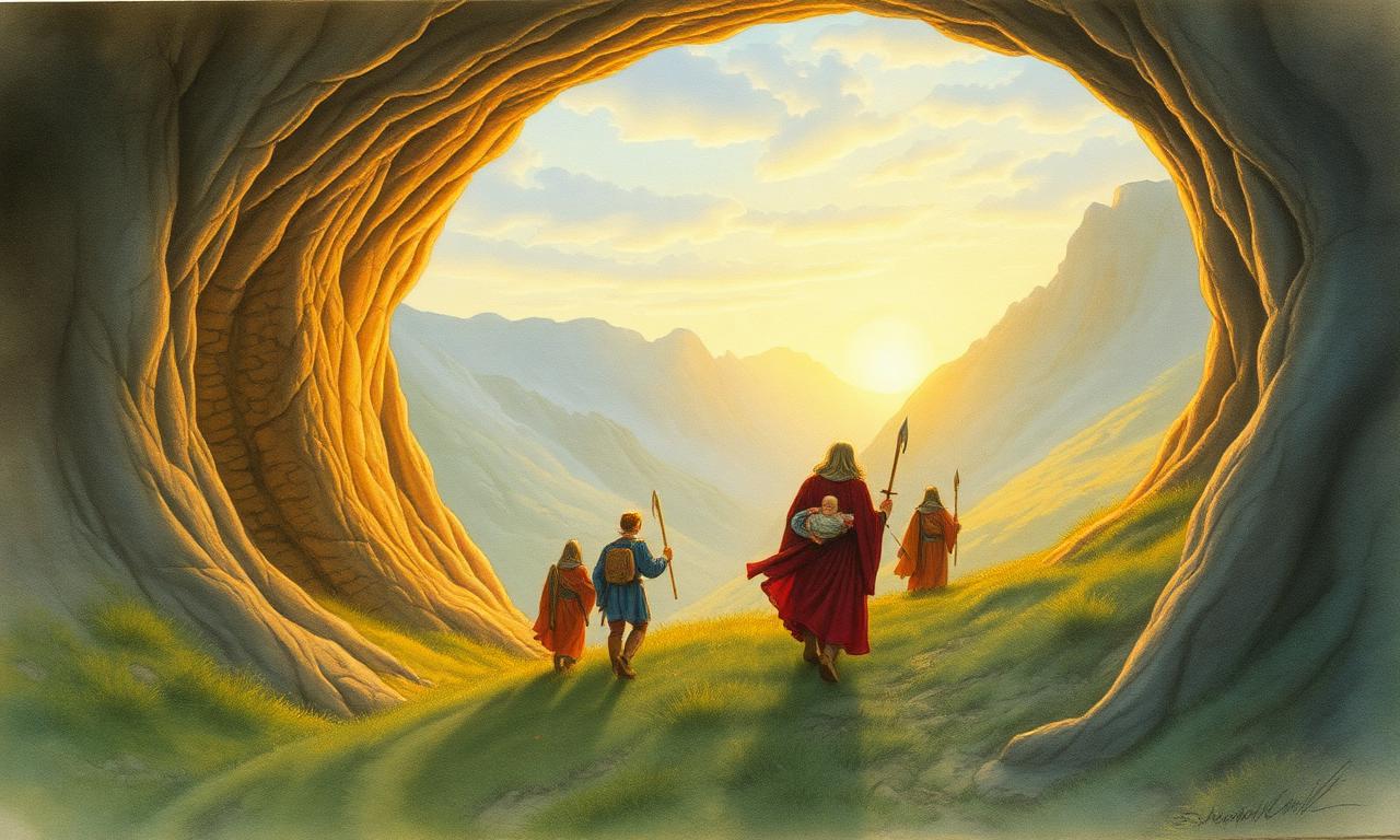 Idril i Tuor guien els supervivents per un túnel secret cap a una vall il·luminada per l'alba