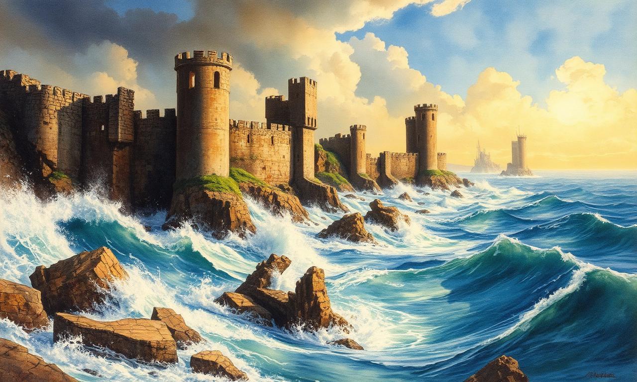 Beleriand enfonsada sota grans onades al final de la Primera Edat, torres trencades