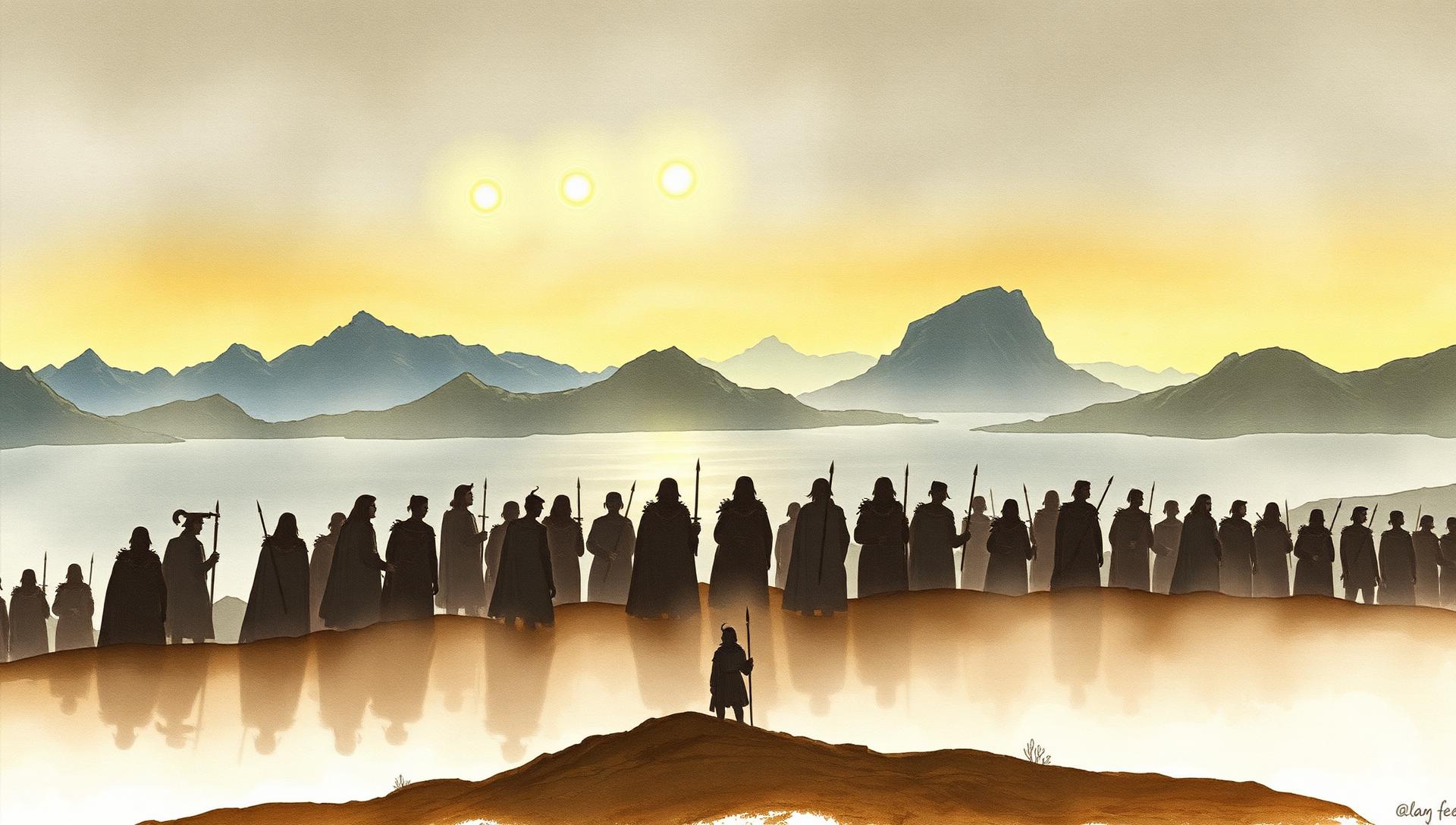 Silhouettes elven host beneath three Silmarils in Alan Lee style