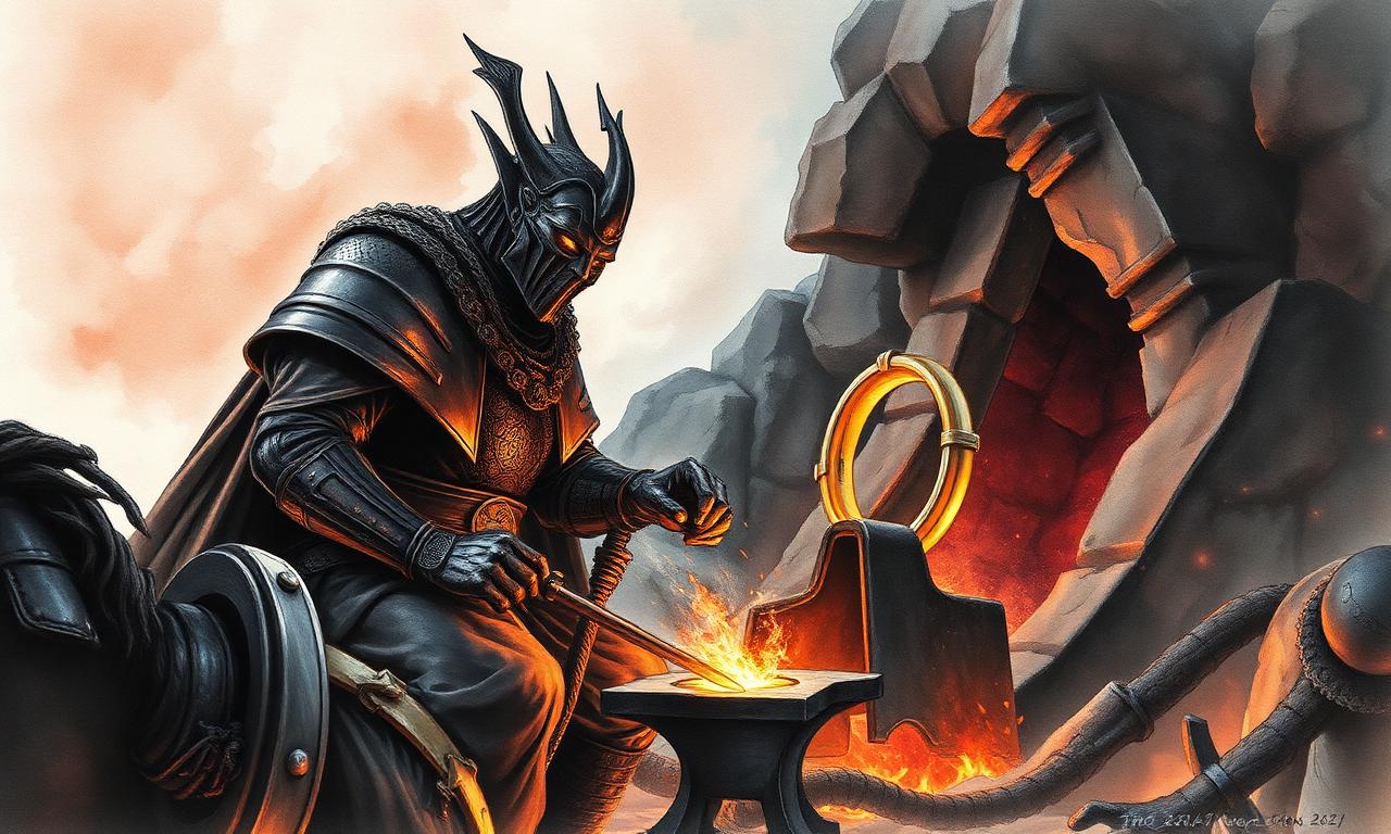 Of the Rings of Power illustration in Alan Lee style